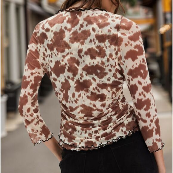 Animal Print Button Down Plunge Top Cute Cow Print - Picture 3 of 6